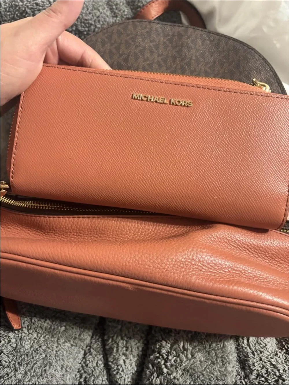 Michael Kors Brown Monogram with Coral Trim Backpack